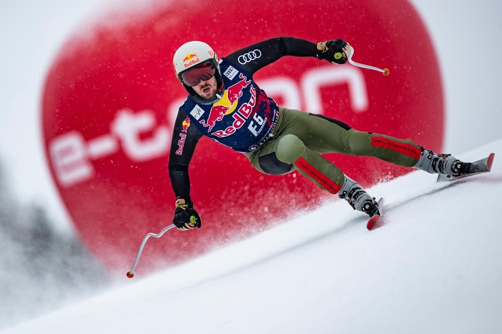 Marcel Hirscher races at the FIS Alpine Skiing World Cup in Kitzbühel, Austria on January 20, 2022. Credit: Stefan Voitl / Red Bull Content Pool