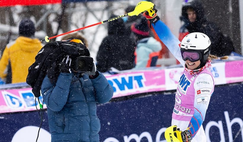 Stifel U.S. Alpine Team athlete Paula Moltzan celebrates after her run at the 2021 Killington Cup. (U.S. Ski & Snowboard)