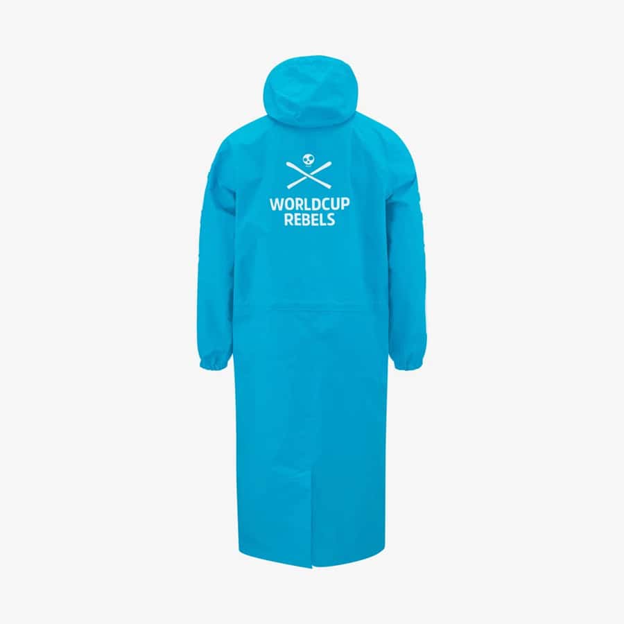 Blue waterproof winter coat with World Cup Rebels logo for cold weather gear and winter sports enthusiasts.