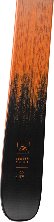 A pair of Sender Soul skis with a wood grain design and black accents, ideal for winter sports enthusiasts.