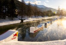Pierre Vaultier performs ollie over the first gap during his project "Floating Shapes" in Serre Chevalier, France on January 18, 2025