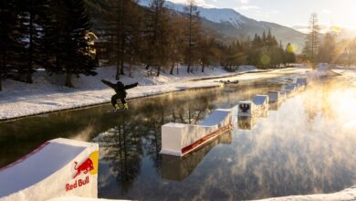 Pierre Vaultier performs ollie over the first gap during his project "Floating Shapes" in Serre Chevalier, France on January 18, 2025