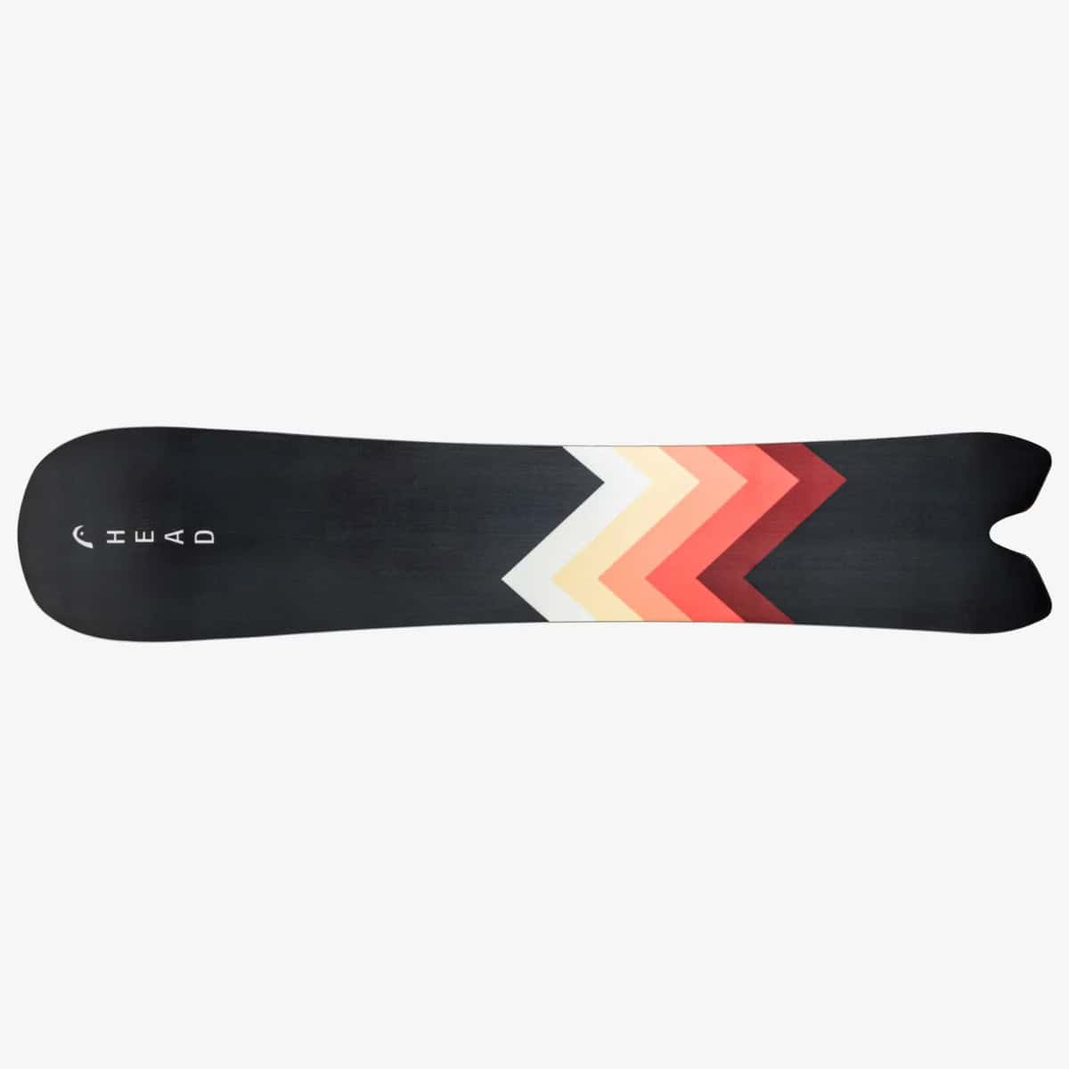 Vibrant modern snowboard with geometric chevron design in shades of red, orange, and beige on a sleek black background, perfect for winter sports enthusiasts.