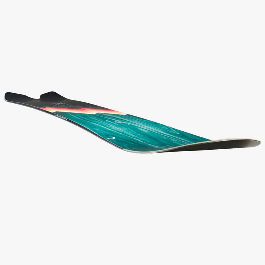 Innovative snowboard with a sleek black and teal design for winter sports enthusiasts, perfect for snowboarding in winter conditions.