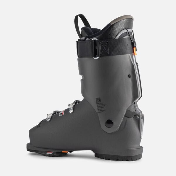 Cruising ski boot, grey and black, designed for winter sports and skiing enthusiasts, featuring adjustable lacing and supportive ankle cuff for optimal comfort and performance on snow.