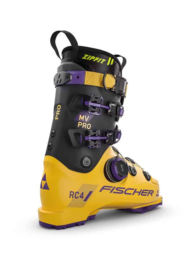 Fischer RC4 Z18 Ski Boot in yellow and purple, designed for high-performance winter skiing, featuring advanced buckles and comfort padding for optimal control and warmth.