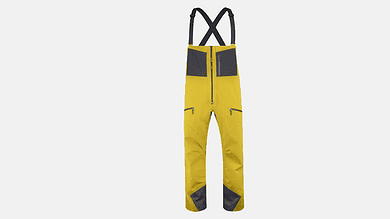 Yellow and grey snowboard bib trousers ideal for winter sports and skiing activities.