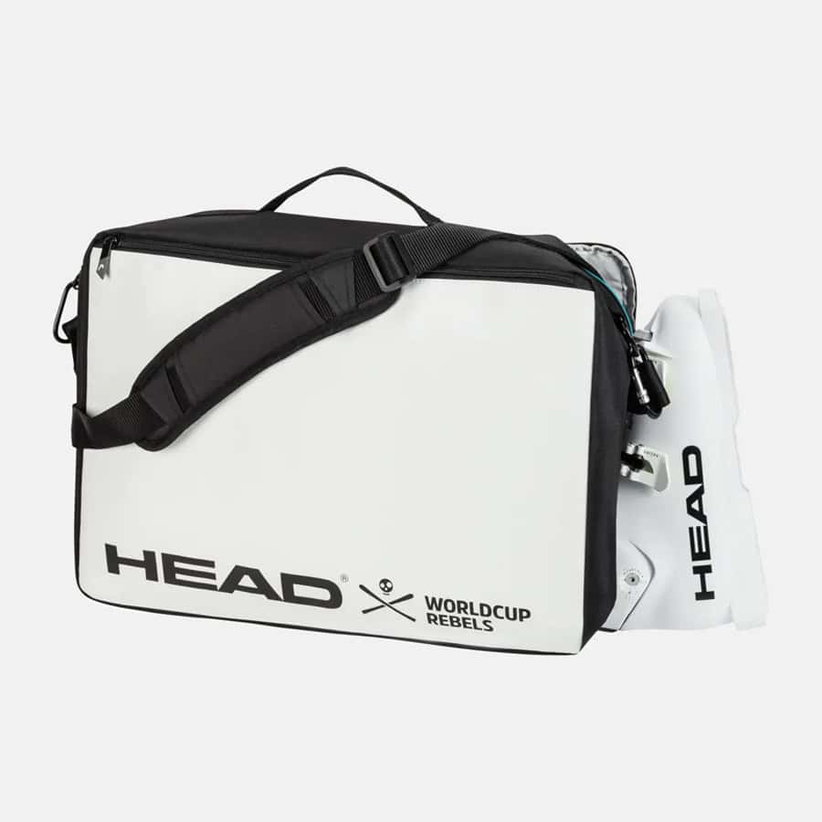 High-performance HEAD tennis bag with World Cup Rebels branding, designed for winter sports enthusiasts, offering durable storage for tennis gear and equipment.