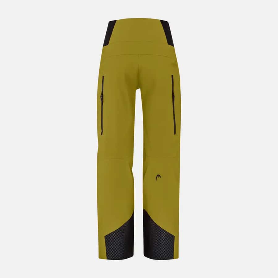Waterproof ski pants with black accents and ventilation zippers for winter sports.