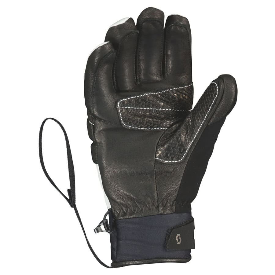 Men's black winter gloves with textured leather palm and adjustable wrist strap for warmth and grip during winter sports and cold weather activities.