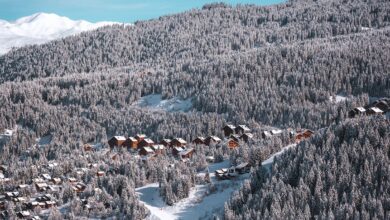 Snow-covered mountain village in winter with dense pine forest and wooden chalets, perfect for winter sports and holiday getaways.