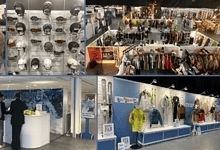 Wide view of winter trade show with attendees exploring various winter gear and apparel stalls.