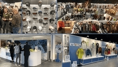 Wide view of winter trade show with attendees exploring various winter gear and apparel stalls.