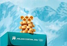 Gold medal podium with Olympic rings and "Milano Cortina 2026" branding against snowy mountain backdrop, illustrating winter sports and Olympic event preparation.