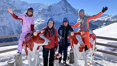 Colourful group of skiers with mountain scenery and carved cow statues on a snowy balcony at a ski resort in the Alps.