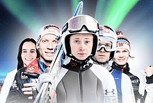 1. Ski racing athletes in winter sports gear under the Northern Lights, representing the thrill of winter sport competitions and snow sports.