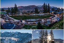 Hot spring spa with people relaxing surrounded by snow-capped mountains at sunset, ideal for winter wellness and relaxation.