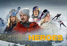 Brilliant winter sports heroes dressed in gear amidst snowy mountain landscape, celebrating winter adventure.