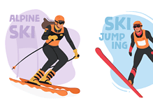 Vibrant illustration of winter sports enthusiasts engaging in alpine skiing, snowboarding, ice curling, and figure skating, capturing the excitement and variety of winter activities for WinterInsight.