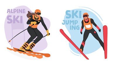 Vibrant illustration of winter sports enthusiasts engaging in alpine skiing, snowboarding, ice curling, and figure skating, capturing the excitement and variety of winter activities for WinterInsight.