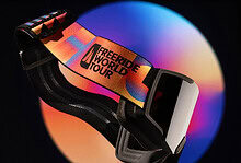 1. High-tech virtual reality headset with "Freeride World Tour" strap against a colourful glowing background.