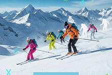 Charming winter scene of a diverse group of skiers in colourful winter gear skiing down snow-covered slopes in the Alps, illustrating Europe's thriving ski tourism and winter sports industry.