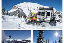 Aerial view of snow-covered mountains with skiers and snowmobile under clear blue sky, showcasing winter adventure activities; perfect content for Everything Winter enthusiasts.