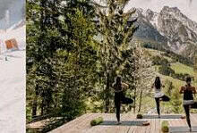 Children enjoying winter activities in a snowy landscape, including skiing and playing, with a backdrop of mountains and pine trees, perfect for winter sports and family fun.