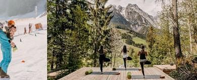 Children enjoying winter activities in a snowy landscape, including skiing and playing, with a backdrop of mountains and pine trees, perfect for winter sports and family fun.