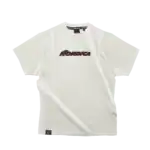White Nordica branded T-shirt designed for winter sports enthusiasts, featuring bold black and red logo on the front, ideal for winter activities and casual wear.