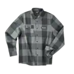 Grey and black checkered men's flannel shirt with button-up front and chest pocket, ideal for winter outdoor activities and casual wear.