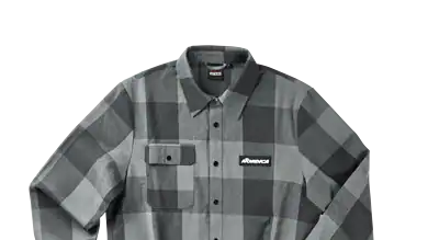 Grey and black checkered men's flannel shirt with button-up front and chest pocket, ideal for winter outdoor activities and casual wear.