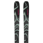 Pair of Salomon snow skis with a black, grey, and pink design, ideal for winter skiing adventures.