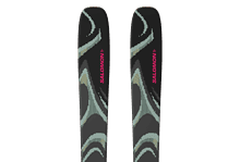 Pair of Salomon snow skis with a black, grey, and pink design, ideal for winter skiing adventures.