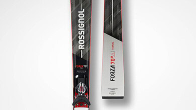 Rossignol Forza 70 skis with bindings, designed for beginner to intermediate skiers, featuring a lightweight construction and durable materials for optimal performance on snow.