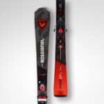 Rossignol Forza 60 skis with bindings designed for winter skiing enthusiasts, featuring a sleek black and red design for optimal performance on snow.