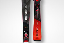 Rossignol Forza 60 skis with bindings designed for winter skiing enthusiasts, featuring a sleek black and red design for optimal performance on snow.