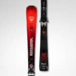 Pair of Rossignol Hero MT-Ti skis designed for advanced winter skiing, featuring a sleek black and red design with high-performance features for optimal snow traction.
