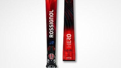 Rossignol Hero LT-TI skis designed for advanced winter skiing, featuring a sleek black and red design with high-performance features for optimal control and speed.
