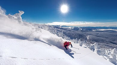 Skier in red gear descending a snowy slope under a bright sun in a winter landscape with clear blue sky and snow-covered trees.