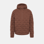 Brown Mammut down puffer jacket with hood, ideal for winter outdoor activities, featuring a front zipper and lightweight insulation.
