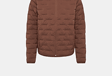 Brown Mammut down puffer jacket with hood, ideal for winter outdoor activities, featuring a front zipper and lightweight insulation.