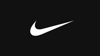 Close-up of the Nike swoosh logo in white on a black background, representing sportswear and athletic apparel.