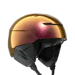 Sleek, aerodynamic winter ski helmet with reflective gold finish and adjustable chin strap, designed for safety and style on snowy slopes.