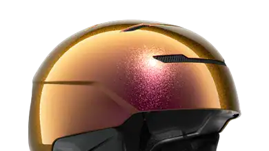 Sleek, aerodynamic winter ski helmet with reflective gold finish and adjustable chin strap, designed for safety and style on snowy slopes.