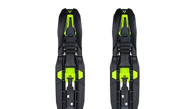 Pair of black and neon green ski bindings designed for winter sports enthusiasts, featuring adjustable straps and durable construction for optimal performance on snow.