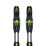 Pair of high-performance cross-country skis with black and neon green design, suitable for winter sports and outdoor adventures.