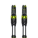 Pair of black and neon yellow ski bindings designed for winter skiing and snowboarding, featuring adjustable straps and durable construction.