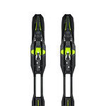 Pair of modern ski bindings with black and neon green accents, designed for winter skiing and snowboarding activities.