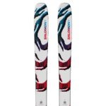 Pair of Salomon snow skis with vibrant, abstract design in blue, black, purple, and red on a white background, ideal for winter sports enthusiasts.